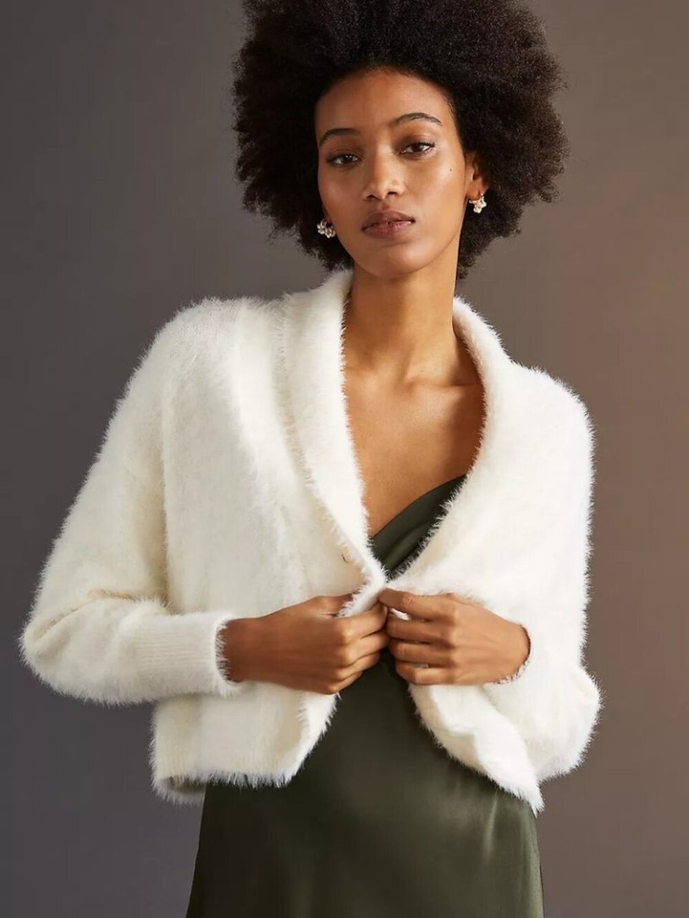 Anthropologie Cream Cozy Eyelash Lightly Cropped Cardigan Sweater size L